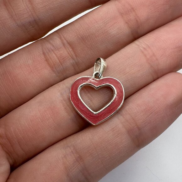 VTG Sterling Silver 925 Pink Enamel Open Heart Pendant Size 0.75" Length - Picture 7 of 10